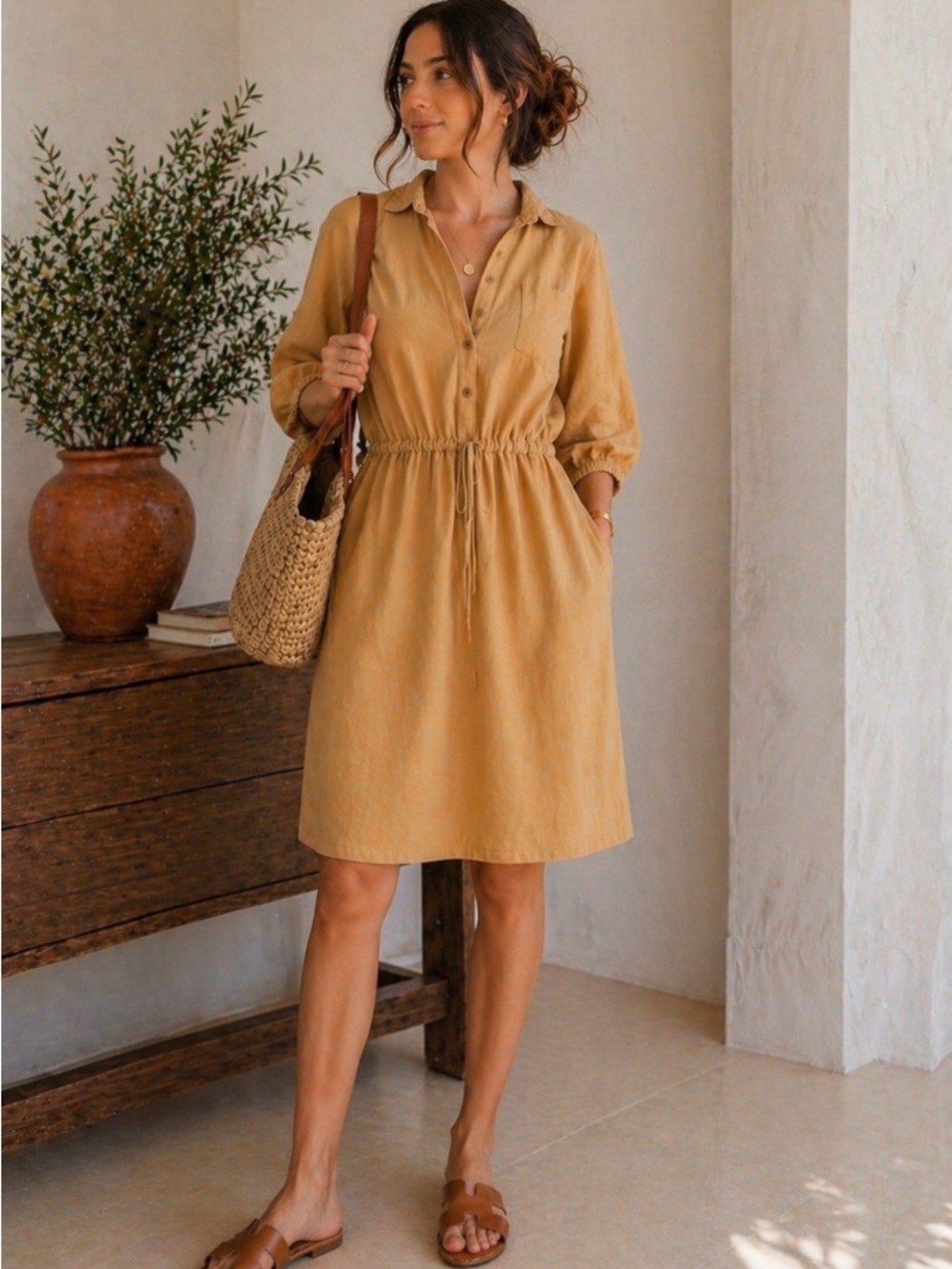 Garnet Hill Linen Shirt Dress Mustard Gold | Pockets | Drawstring Waist | Size L